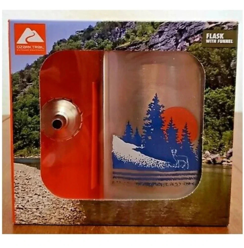 Ozark Trail 7.5 oz stainless steel flask features a scenic mountain design NWT